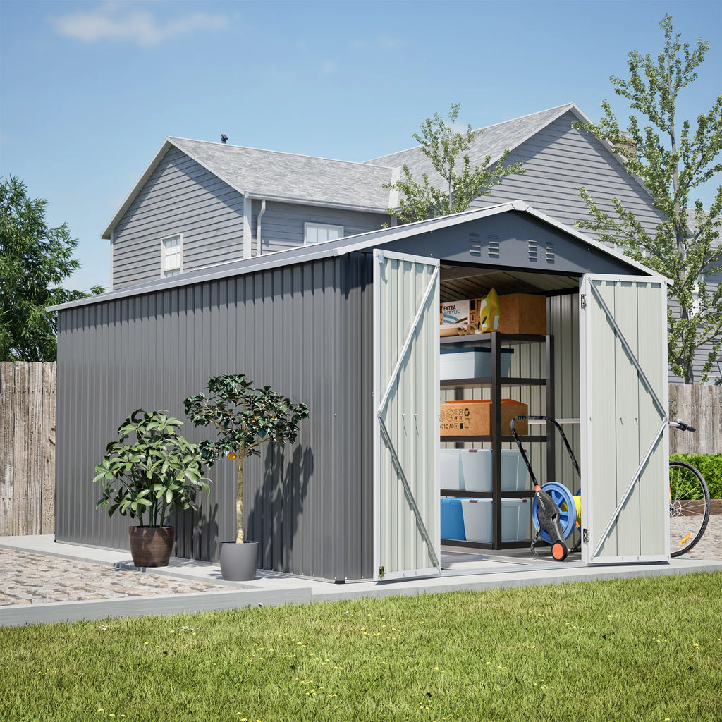AECOJOY 8x12 FT Outdoor Metal Storage Shed with Additional Side Door, Large Tool Shed with 2 Lockable Doors
