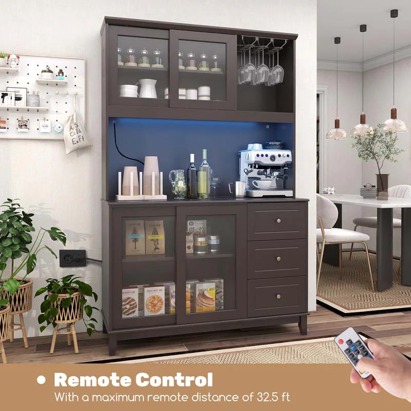 73" Kitchen Pantry Storage Cabinet with LED Lights & Power Outlet, Kitchen Hutch Buffet Cabinet for Dining Room