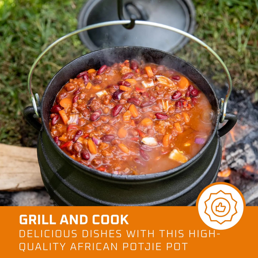 Bruntmor 8 - Quart Pre - Seasoned Cast Iron Cauldron - African Potjie Pot with Lid - 3 - Legged Pot for Even Heat Distribution - Outdoor Cast Iron Dutch Oven Cookware for Campfire Cooking and Boiling