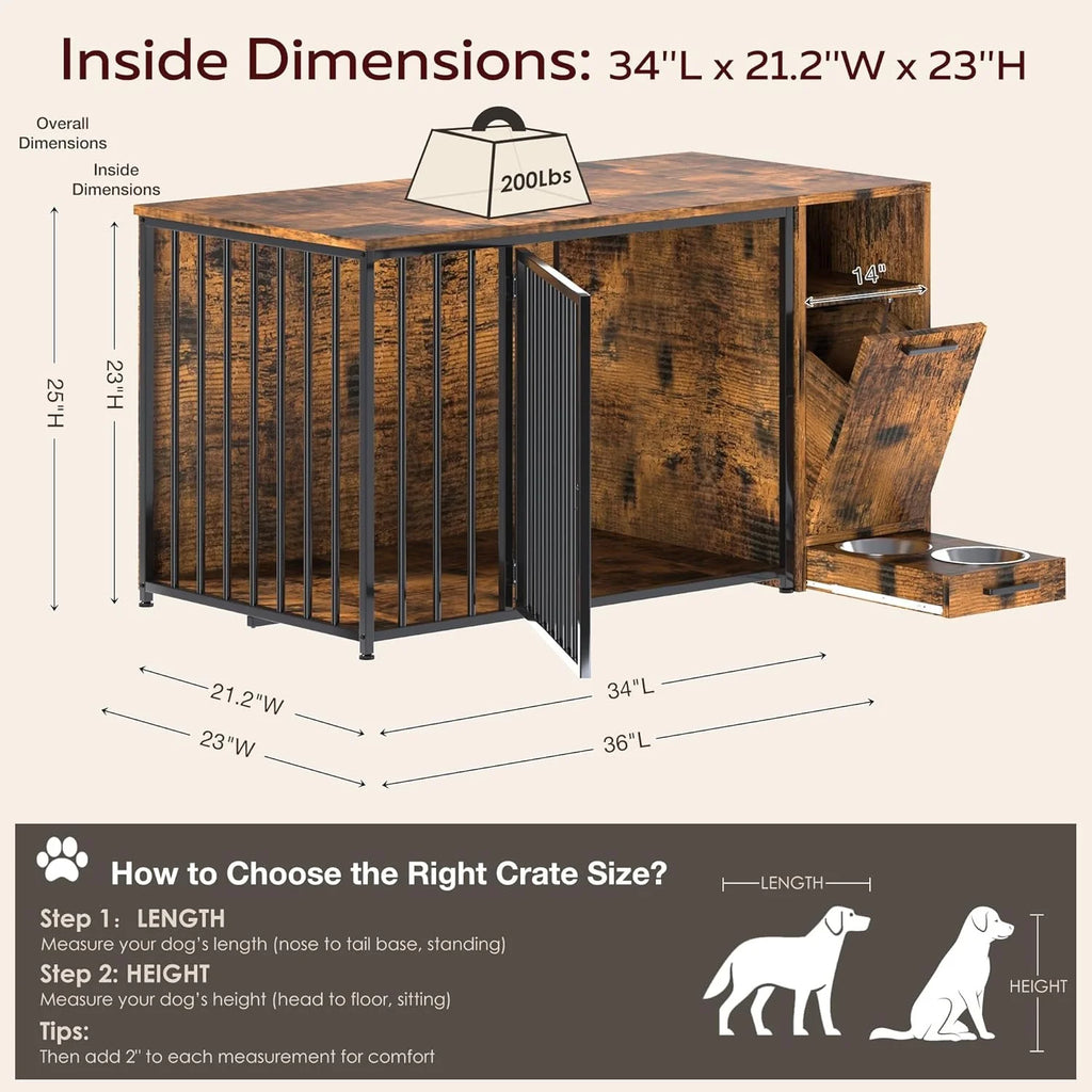 AECOJOY Dog Crate Furniture with Storage Cabinet, 36 Inch Wooden & Steel Decorative Indoor Kennel, Pet Cage End Table