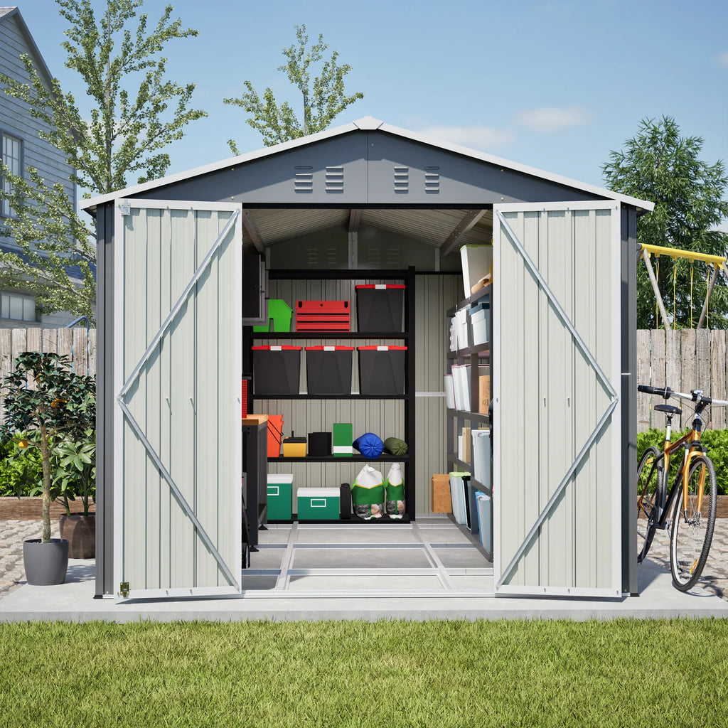 AECOJOY 8x12 FT Outdoor Metal Storage Shed with Additional Side Door, Large Tool Shed with 2 Lockable Doors