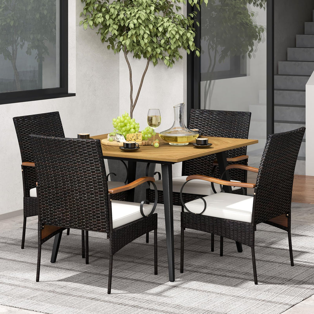 Tangkula 5 Pieces Patio PE Wicker Dining Set, 42.5” Square Acacia Wood Dining Table and Chairs with Cushions
