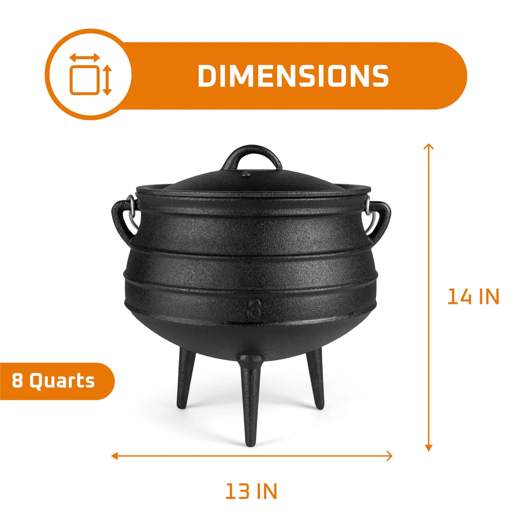 Bruntmor 8 - Quart Pre - Seasoned Cast Iron Cauldron - African Potjie Pot with Lid - 3 - Legged Pot for Even Heat Distribution - Outdoor Cast Iron Dutch Oven Cookware for Campfire Cooking and Boiling