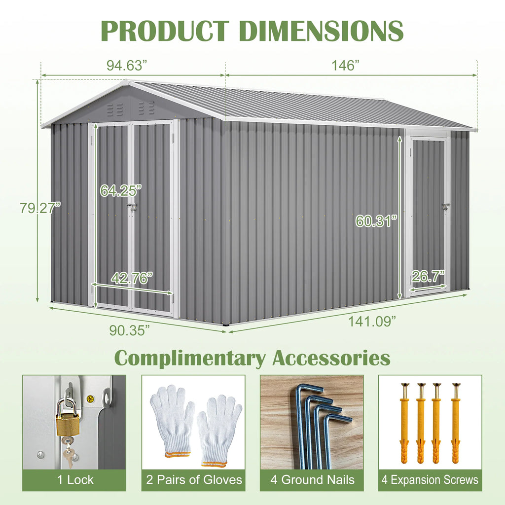 AECOJOY 8x12 FT Outdoor Metal Storage Shed with Additional Side Door, Large Tool Shed with 2 Lockable Doors