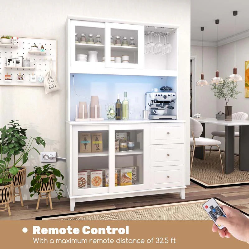 73" Kitchen Pantry Storage Cabinet with LED Lights & Power Outlet, Kitchen Hutch Buffet Cabinet for Dining Room
