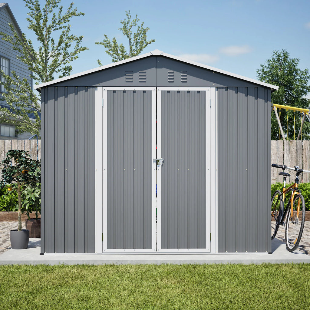 AECOJOY 8x12 FT Outdoor Metal Storage Shed with Additional Side Door, Large Tool Shed with 2 Lockable Doors